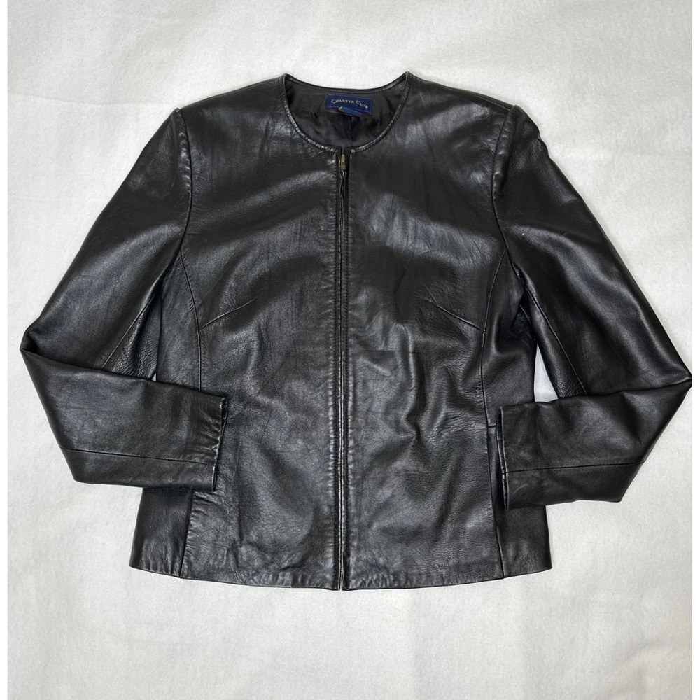 Charter Club Womens Black Leather Jacket Full Zip Collarless Size 6